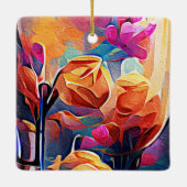 Abstrakte florale Kunst Orange Red Blue Blumen Keramikornament (Rückseite)