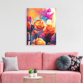 Abstrakte florale Kunst Orange Red Blue Blumen Leinwanddruck (Insitu (Wohnzimmer))