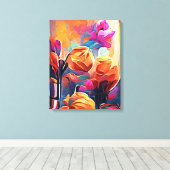 Abstrakte florale Kunst Orange Red Blue Blumen Leinwanddruck (Insitu (Holzboden))