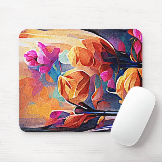 Abstrakte florale Kunst Orange Red Blue Blumen Mousepad (Mit Mouse)