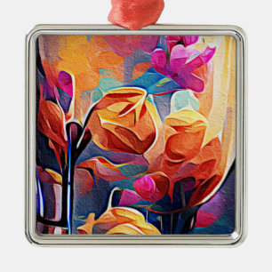 Abstrakte florale Kunst Orange Red Blue Blumen Ornament Aus Metall