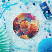Abstrakte florale Kunst Orange Red Blue Blumen Pappteller (Party)