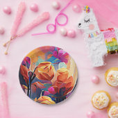 Abstrakte florale Kunst Orange Red Blue Blumen Pappteller (Party)