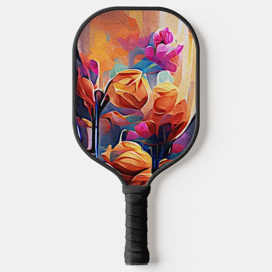 Abstrakte florale Kunst Orange Red Blue Blumen Pickleball Schläger (Vorderseite)