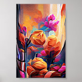 Abstrakte florale Kunst Orange Red Blue Blumen Poster (Vorne)