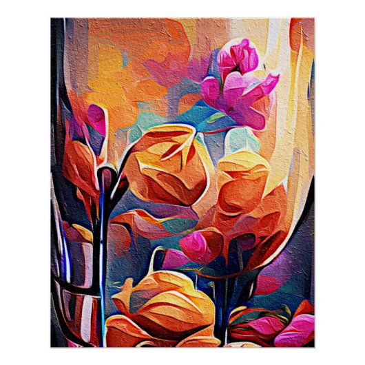 Abstrakte florale Kunst Orange Red Blue Blumen Poster (Vorderseite)
