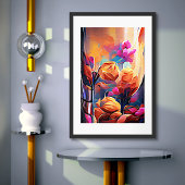Abstrakte florale Kunst Orange Red Blue Blumen Poster