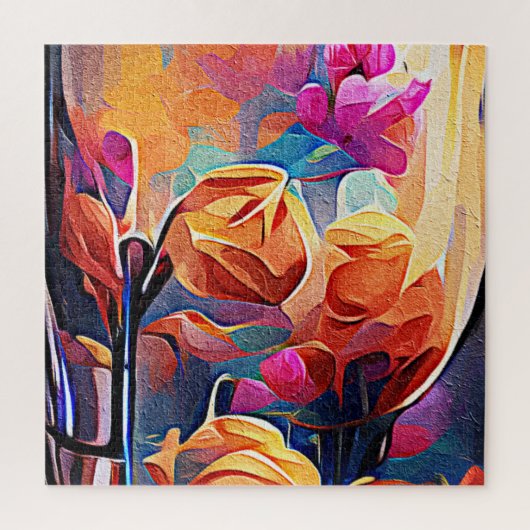 Abstrakte florale Kunst Orange Red Blue Blumen Puzzle (Vertikal)