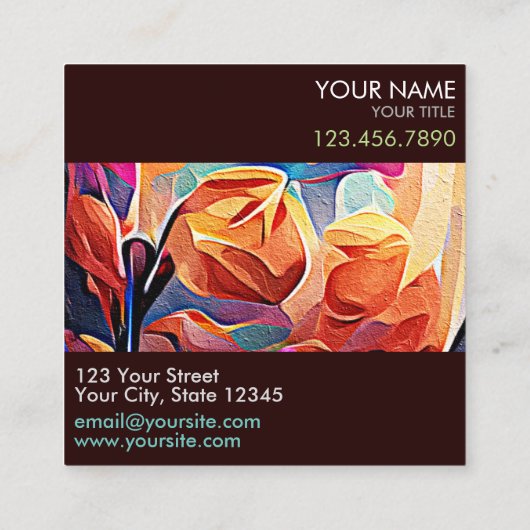Abstrakte florale Kunst Orange Red Blue Blumen Quadratische Visitenkarte (Rückseite)