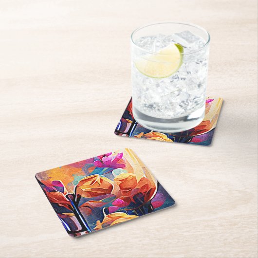 Abstrakte florale Kunst Orange Red Blue Blumen Rechteckiger Pappuntersetzer (Vor Ort)