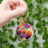 Abstrakte florale Kunst Orange Red Blue Blumen Schlüsselanhänger (Hand)