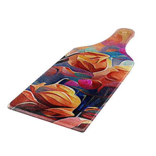 Abstrakte florale Kunst Orange Red Blue Blumen Schneidebrett (Ecke)