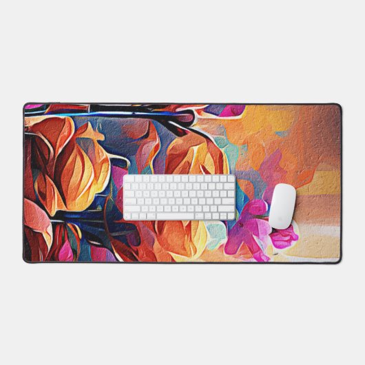 Abstrakte florale Kunst Orange Red Blue Blumen Schreibtischunterlage (Tastatur & Maus)