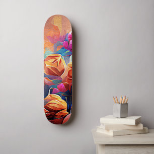 Abstrakte florale Kunst Orange Red Blue Blumen Skateboard
