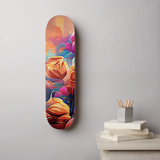 Abstrakte florale Kunst Orange Red Blue Blumen Skateboard (Wandkunst)