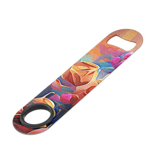 Abstrakte florale Kunst Orange Red Blue Blumen Speed Flaschenöffner (Vorderseite Schrägansicht)