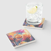 Abstrakte florale Kunst Orange Red Blue Blumen Steinuntersetzer (Seitenansicht)