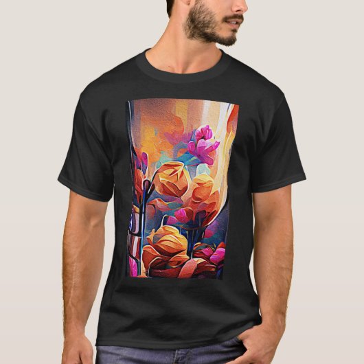 Abstrakte florale Kunst Orange Red Blue Blumen T-Shirt (Vorderseite)