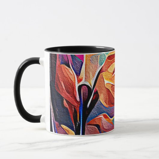 Abstrakte florale Kunst Orange Red Blue Blumen Tasse (Links)
