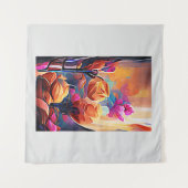 Abstrakte florale Kunst Orange Red Blue Blumen Wandteppich (Vorderseite (Horizontal))