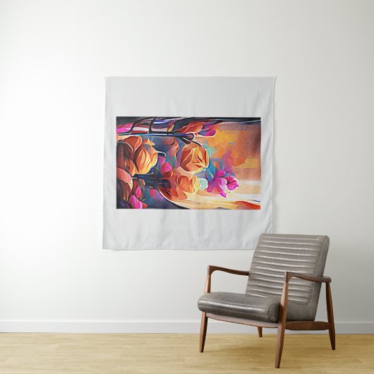 Abstrakte florale Kunst Orange Red Blue Blumen Wandteppich (Beispiel (Horizontal))
