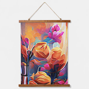 Abstrakte florale Kunst Orange Red Blue Blumen Wandteppich Mit Holzrahmen