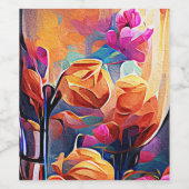 Abstrakte florale Kunst Orange Red Blue Blumen Weinetikett (Einzelnes Label)
