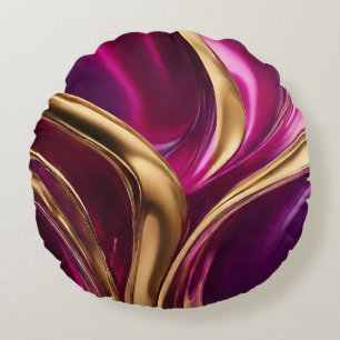 Abstrakte-Flow-Kunst-Fuchsien-Purple und Gold- Rundes Kissen