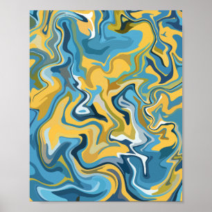 Abstrakte Fluid Art mit blauen und gelben Wirbel Poster