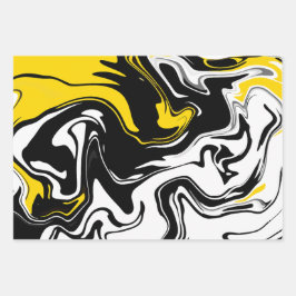 Abstrakte Fluid Art mit schwarz, weiß und gelb Geschenkpapier Set