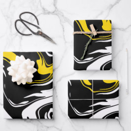 Abstrakte Fluid Art mit schwarz, weiß und gelb Geschenkpapier Set