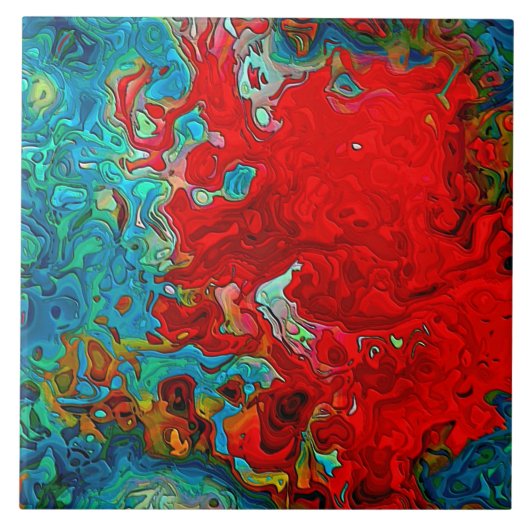 Abstrakte Fluid Wirbel Blau, Grün und Rot Fliese (Vorderseite)