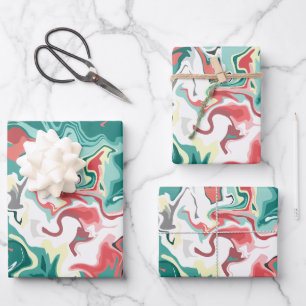Abstrakte Fluidkunst in Grün, Weiß und Rot Geschenkpapier Set
