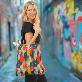 Abstrakte Formen in Rot, Gelb und Blau auf Beige Tasche