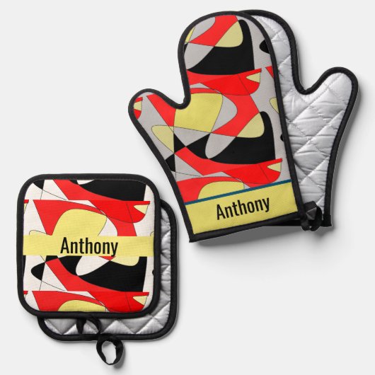abstrakte Formen - Name Ofen Mitt & Topf Ofenhandschuh & Topflappen-Set (Vorderseite/Rückseite)