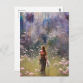 Abstrakte Frau auf einem Blumenfeld Postkarte (Vorne/Hinten)