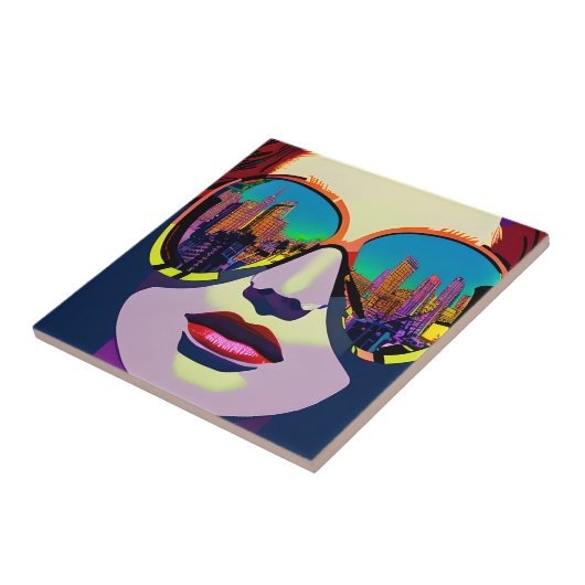 Abstrakte Frau in Sonnenbrille mit City Reflection Fliese (Seite)