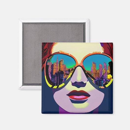 Abstrakte Frau in Sonnenbrille mit City Reflection Magnet (Vorderseite/Rückseite)
