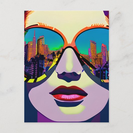 Abstrakte Frau in Sonnenbrille mit City Reflection Postkarte (Vorderseite)