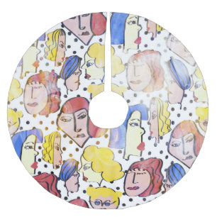 Abstrakte Frauengesichter, Wasserfarbe-Polka-Punkt Polyester Weihnachtsbaumdecke