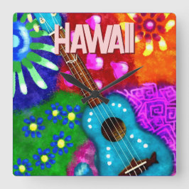 Abstrakte Funky Ukulele Floral Tropical Aquamarin  Quadratische Wanduhr