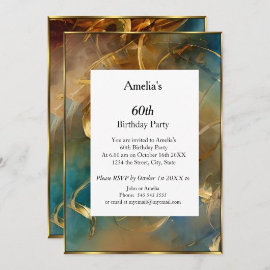 Abstrakte Geburtstagspartei Blau aquamarines Gold Einladung (Vorne/Hinten)