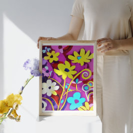 Abstrakte gelbe Blumen auf Viva Magenta Leinwanddruck