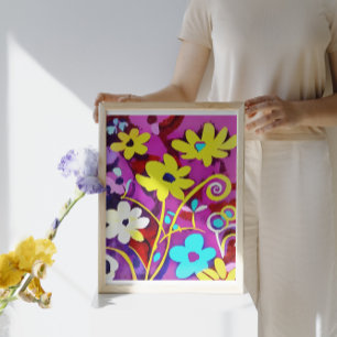 Abstrakte gelbe Blumen auf Viva Magenta Leinwanddruck