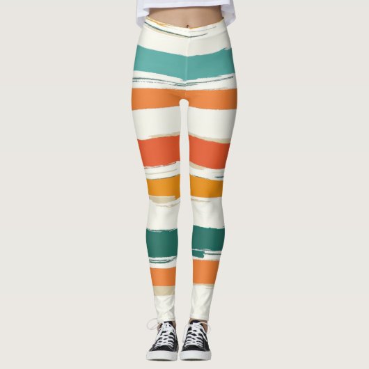 Abstrakte gemalte horizontale Pinselstreifen Boho Leggings (Vorderseite)
