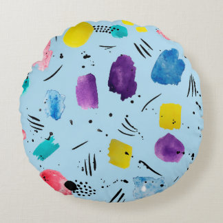 Abstrakte geometrische Aquarellformen mit Farbstif Rundes Kissen