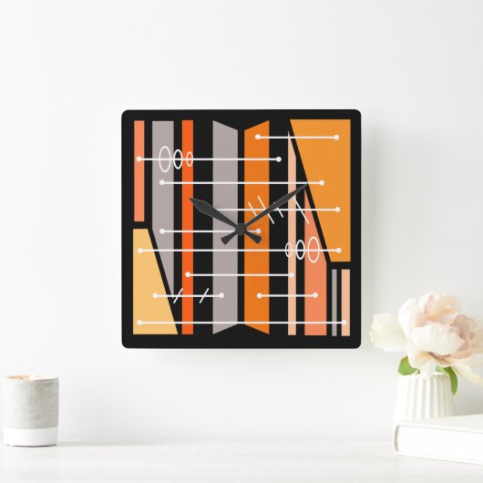 Abstrakte geometrische Art Schwarz Orange Quadratische Wanduhr (Zuhause)