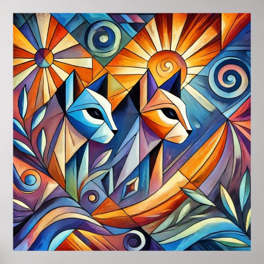 Abstrakte geometrische Katzen mit kräftigen Farben Poster (Vorne)