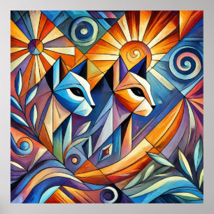 Abstrakte geometrische Katzen mit lebendigen Farbe Poster
