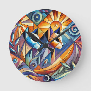 Abstrakte geometrische Katzen mit lebendigen Farbe Runde Wanduhr